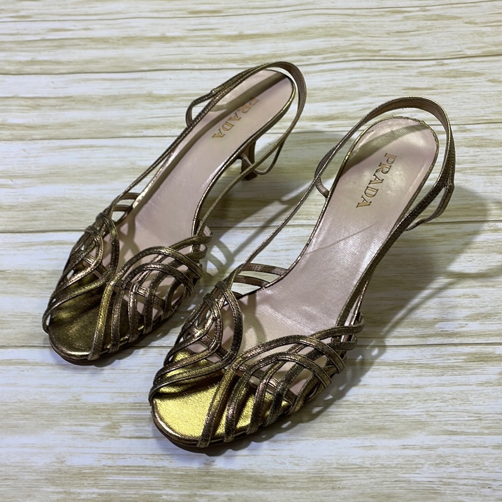 Prada womens 39 US 8 gold shine leather strap heel shoes EUC made in Italy EUC